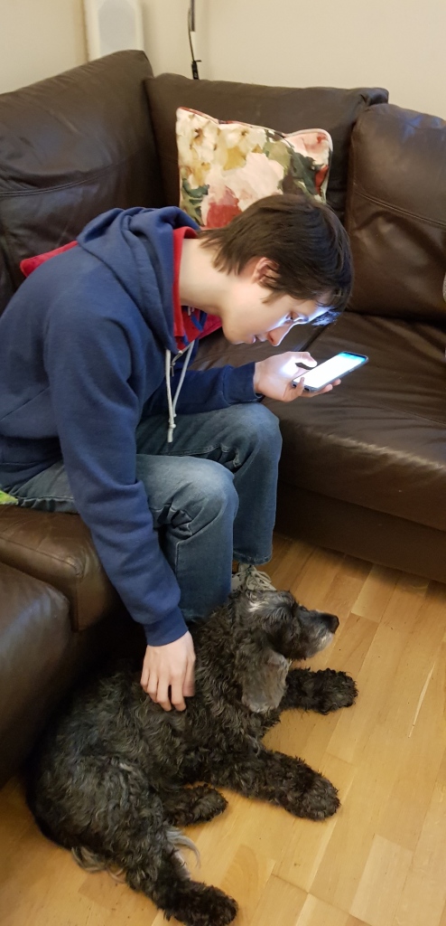 Kieran stroking a black dog