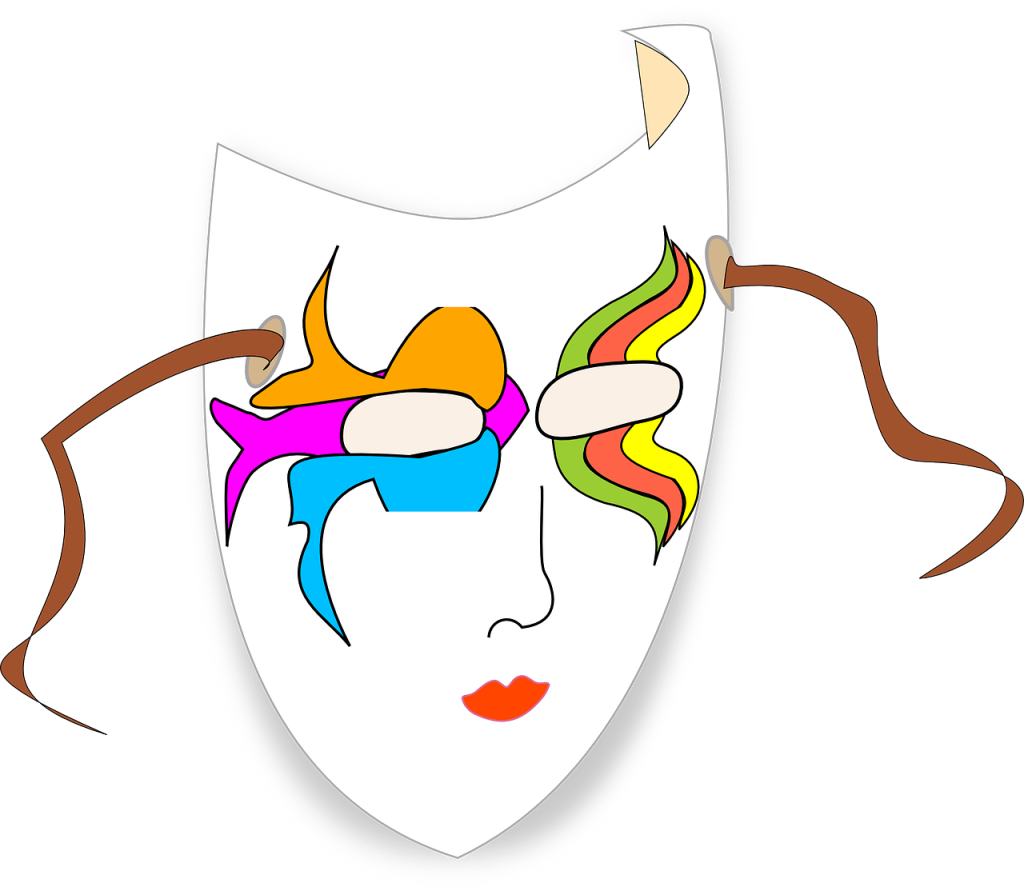 A drawing of a white mask with coloured patterns around the eyes and red lips. 